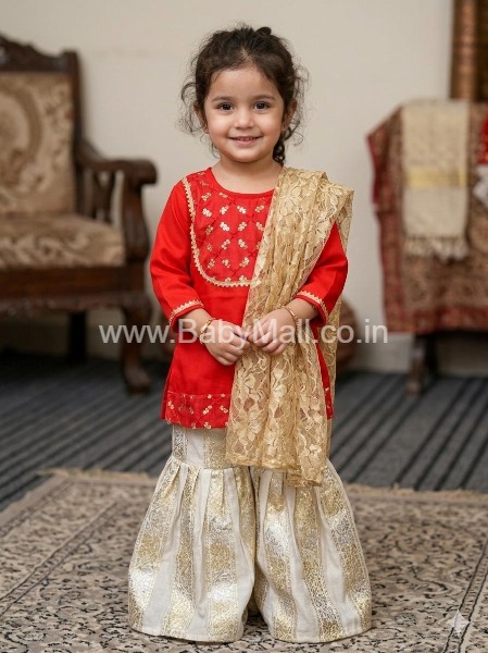 Embroidered Garara Suit Dress Red Golden Off White For 1 Year To 3 Year